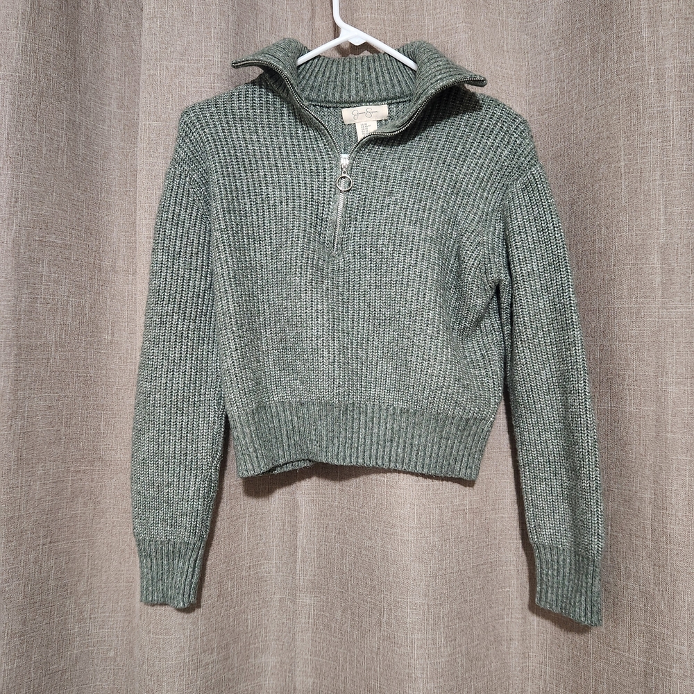 Jessica Simpson Sage Green Ribbed Half-Zip Turtleneck Sweater